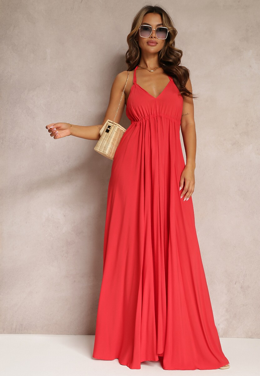 Czerwona Rozkloszowana Sukienka Bawełniana z Wiązaniem na Szyi Panethea