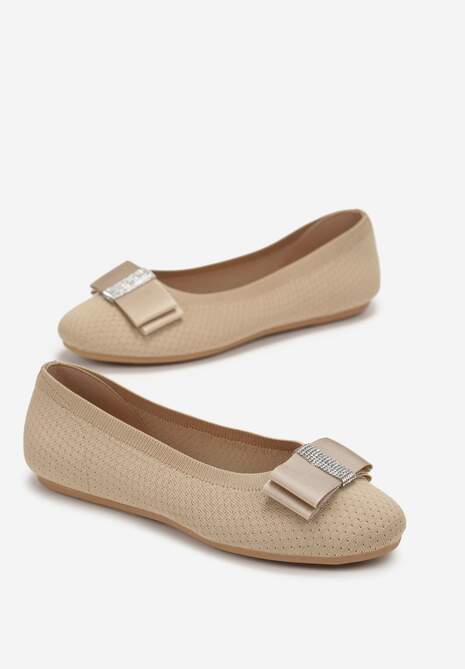 Ciemnobeżowe Płaskie Balerinki z Perforacją i Kokardą z Cyrkoniami Tulilla