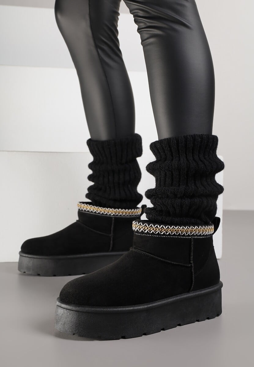 Czarne Śniegowce na Platformie z Haftem przy Cholewce Sewnera