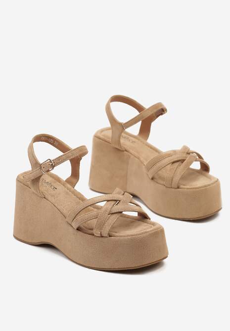 Ciemnobeżowe Sandały na Koturnie z Ozdobnymi Paskami Zapinane przy Kostce Imeria