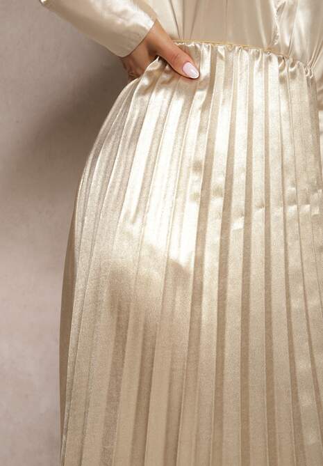 Beżowa Połyskująca Spódnica Plisowana Maxi Vilira