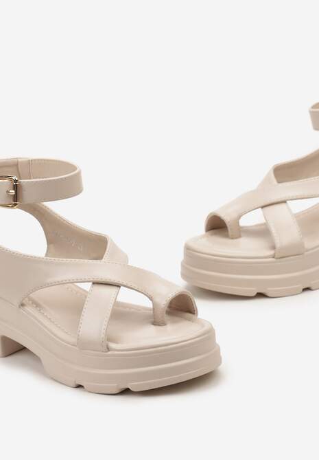 Beżowe Sandały Niskiej Platformie Zapinane na Sprzączkę przy Kostce Lillara