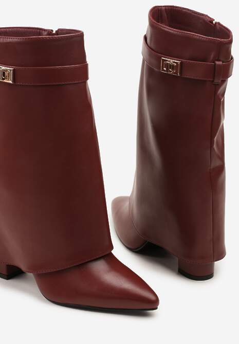 Bordowe Botki na Słupkowym Obcasie z Wywiniętą Cholewką ze Zdobieniem Tulareia
