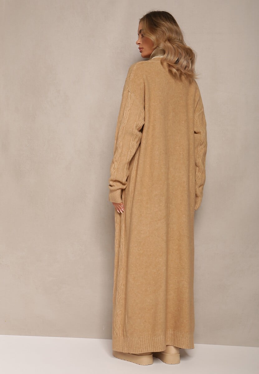Beżowy Kardigan o Wydłużonym Fasonie Niezapinany ze Splotem w Warkocz Ottimia