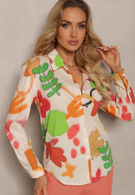 Beżowo-Zielona Bawełniana Koszula w Abstrakcyjny Wzór Bellanight