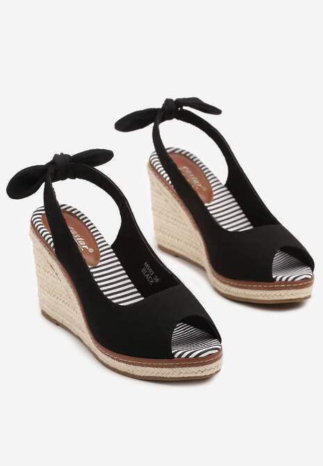Czarne Sandały Espadryle na Plecionym Koturnie Milinne