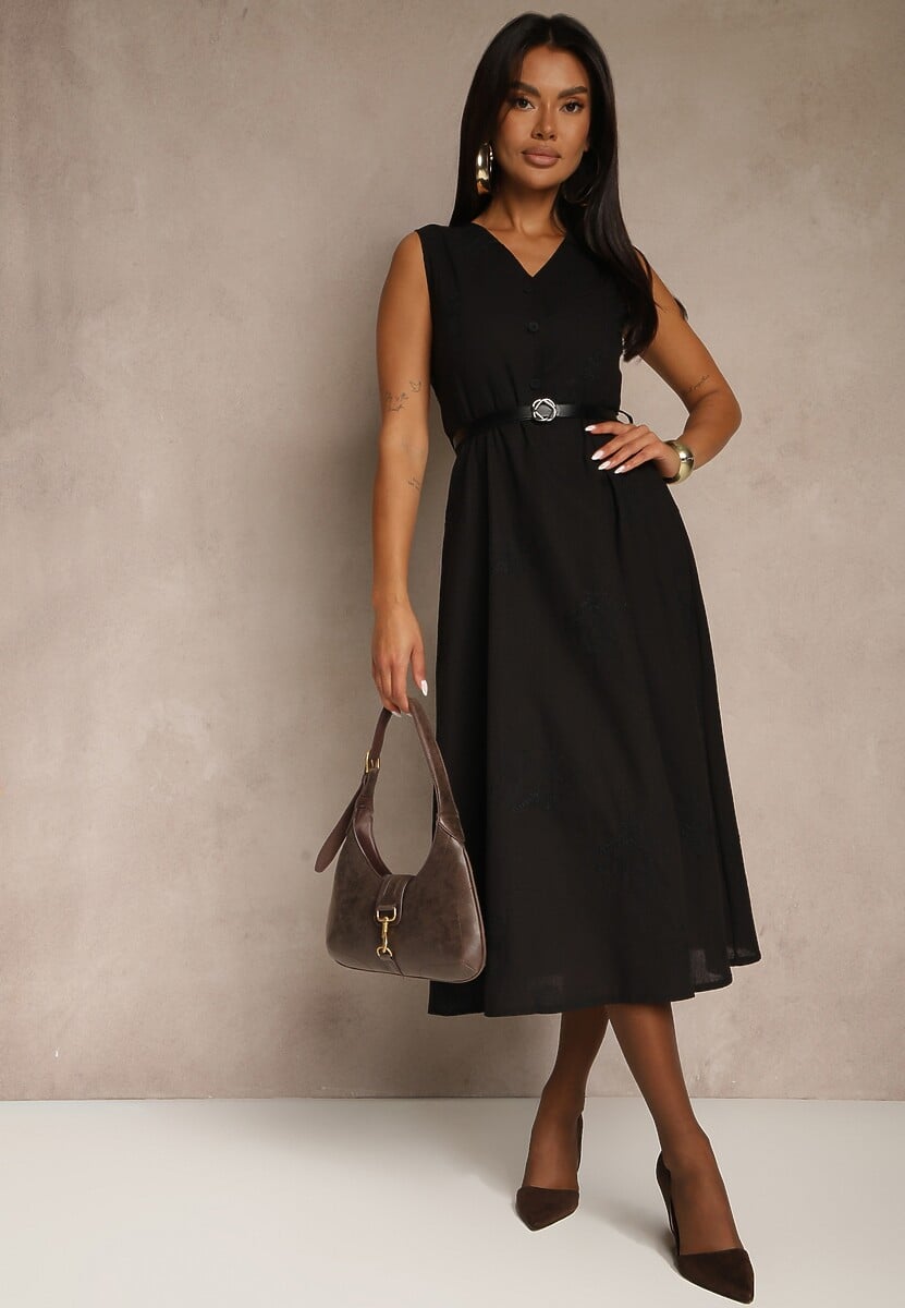 Czarna Rozkloszowana Sukienka z Wiskozą z Paskiem i Guzikami Ulisena