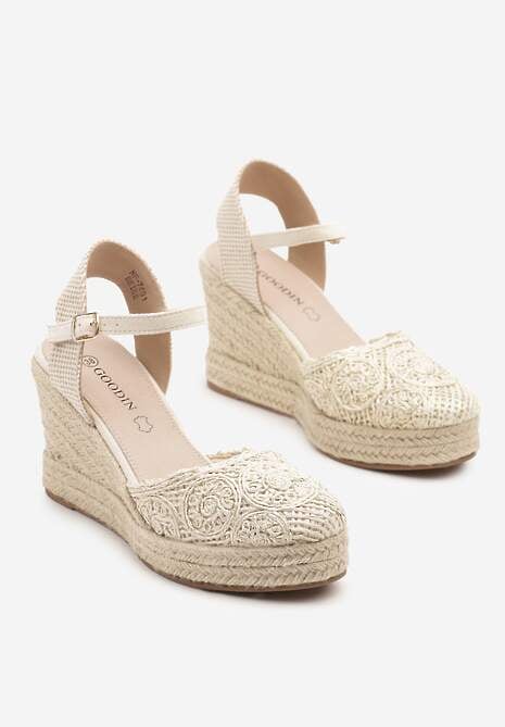 Beżowe Sandały Boho na Plecionym Koturnie z Wkładką ze Skóry Naturalnej Maniffia
