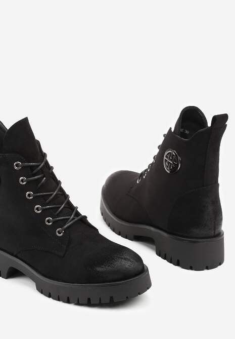 Czarne Botki Potocki Workery z Geometryczną Ozdobą Firiselle