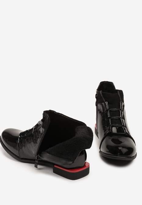 Czarne Botki Lakierowane Vices ze Sznurowaną Cholewką i Tłoczeniem Uzvila