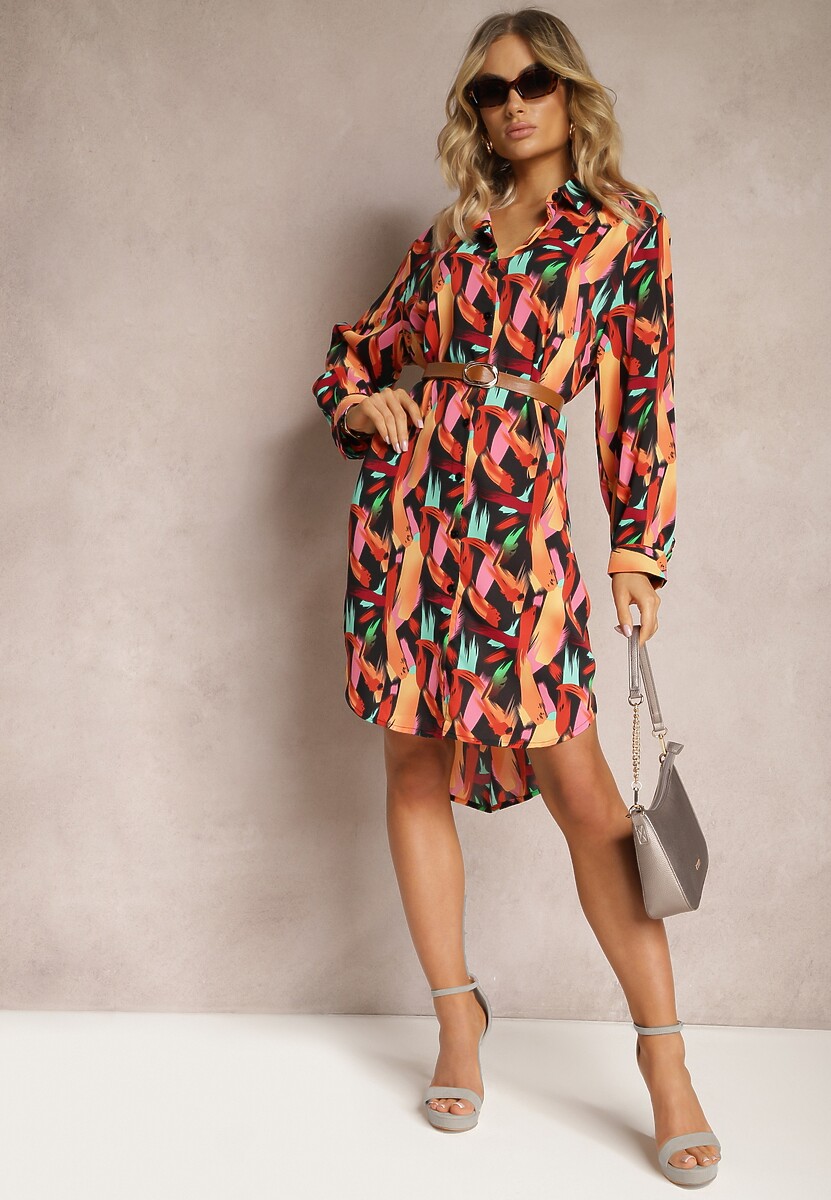 Czarno-Pomarańczowa Długa Koszula na Guziki z Geometrycznymi Wzorami Lakiria