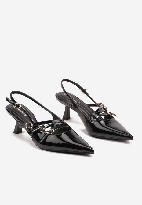 Czarne Czółenka Lakierowane Kaczuszki Bez Pięty Ozdobione Paskami ze Sprzączkami Arforia