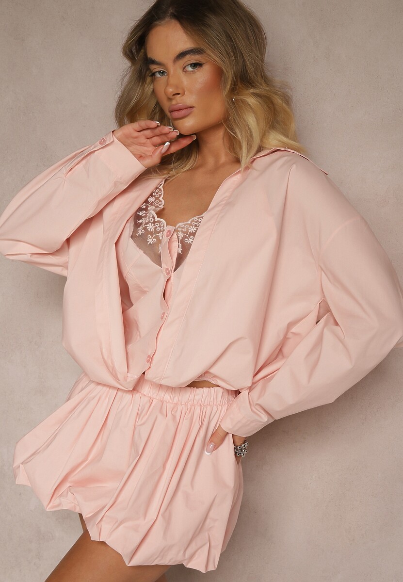 Różowa 2w1 Koszula z Bawełny i Top na Ramiączkach z Koronką Telowena