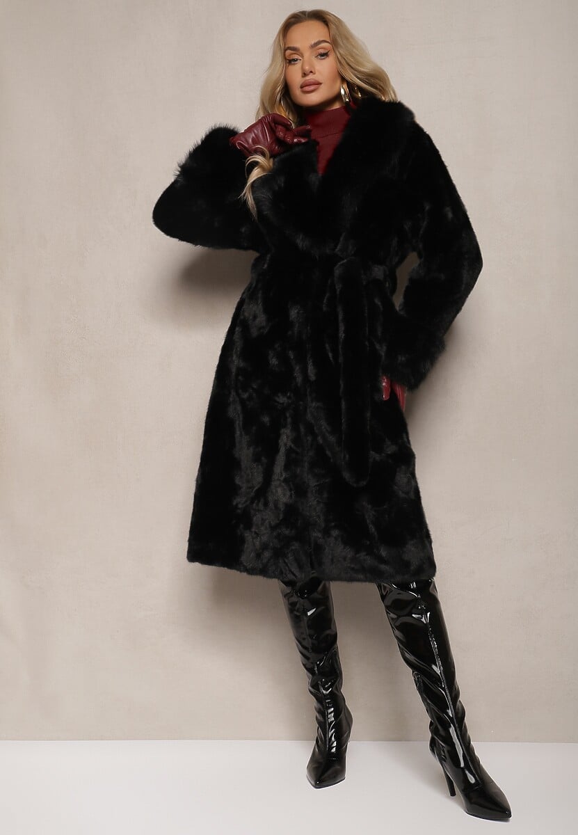 Czarny Futrzany Płaszcz z Wiązanym Paskiem Ozdobnym Kołnierzem i Mankietami Viaressa