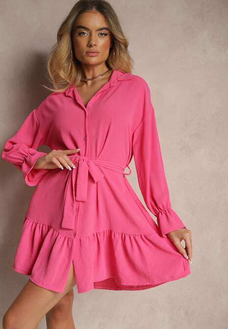 Różowa Koszulowa Sukienka Mini z Falbanką i Wiązanym Paskiem Blisotta
