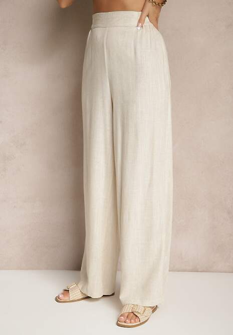 Beżowy Komplet z Bawełną Spodnie i Koszula z Paskiem Rinaretea