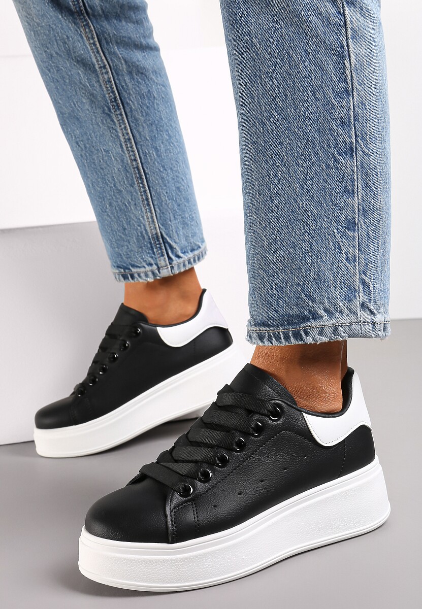 Czarne Sneakersy przed Kostkę na Grubej Podeszwie Arionna