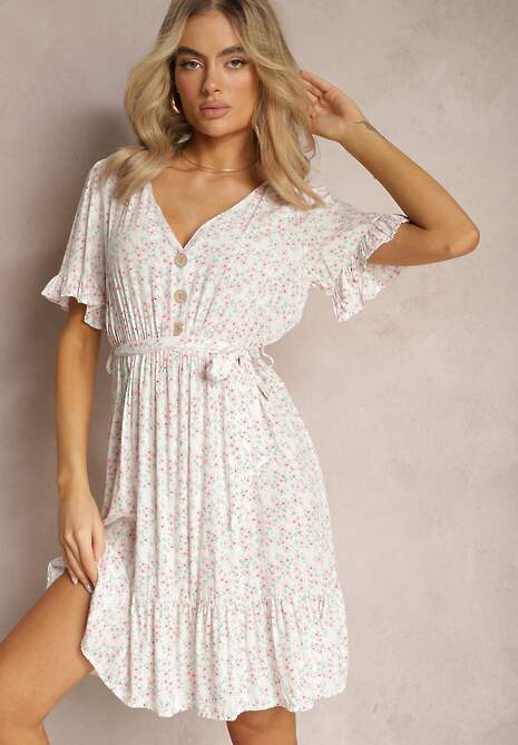 Biało-Różowa Rozkloszowana Sukienka Wiskozowa Mini w Kwiatowy Print z Falbanką Taelle