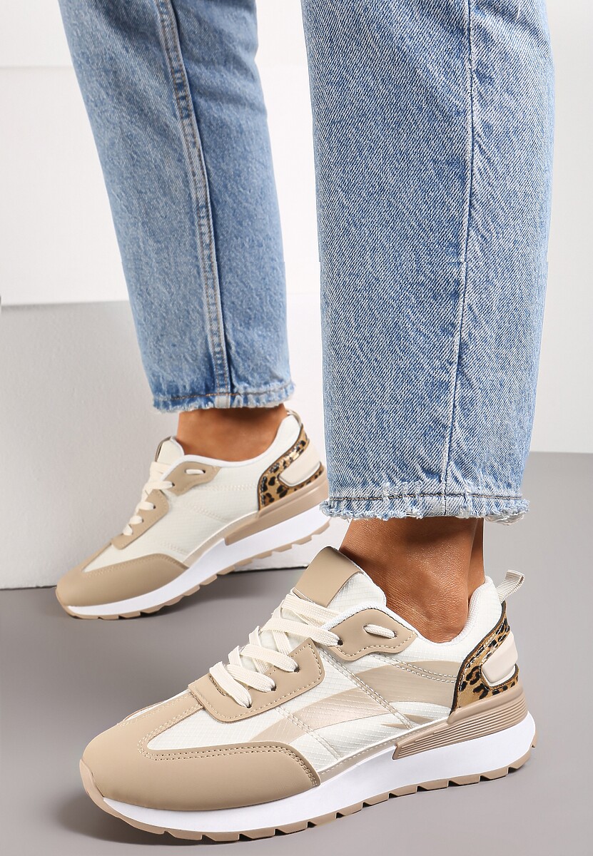 Ciemnobeżowe Sznurowane Sneakersy z Materiałowymi Wstawkami Aneril