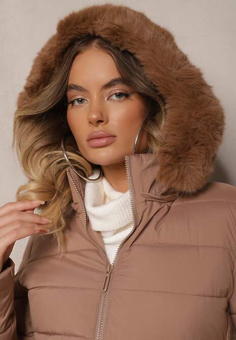 Brązowa Taliowana Kurtka z Pikowanymi Przeszyciami z Kapturem z Futerkiem Loretina