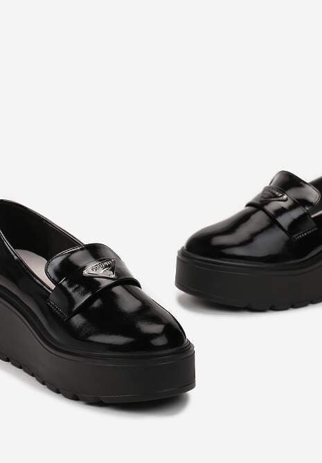 Czarne Lakierowane Półbuty na Platformie i Koturnie ze Skórzaną Wkładką Nimas