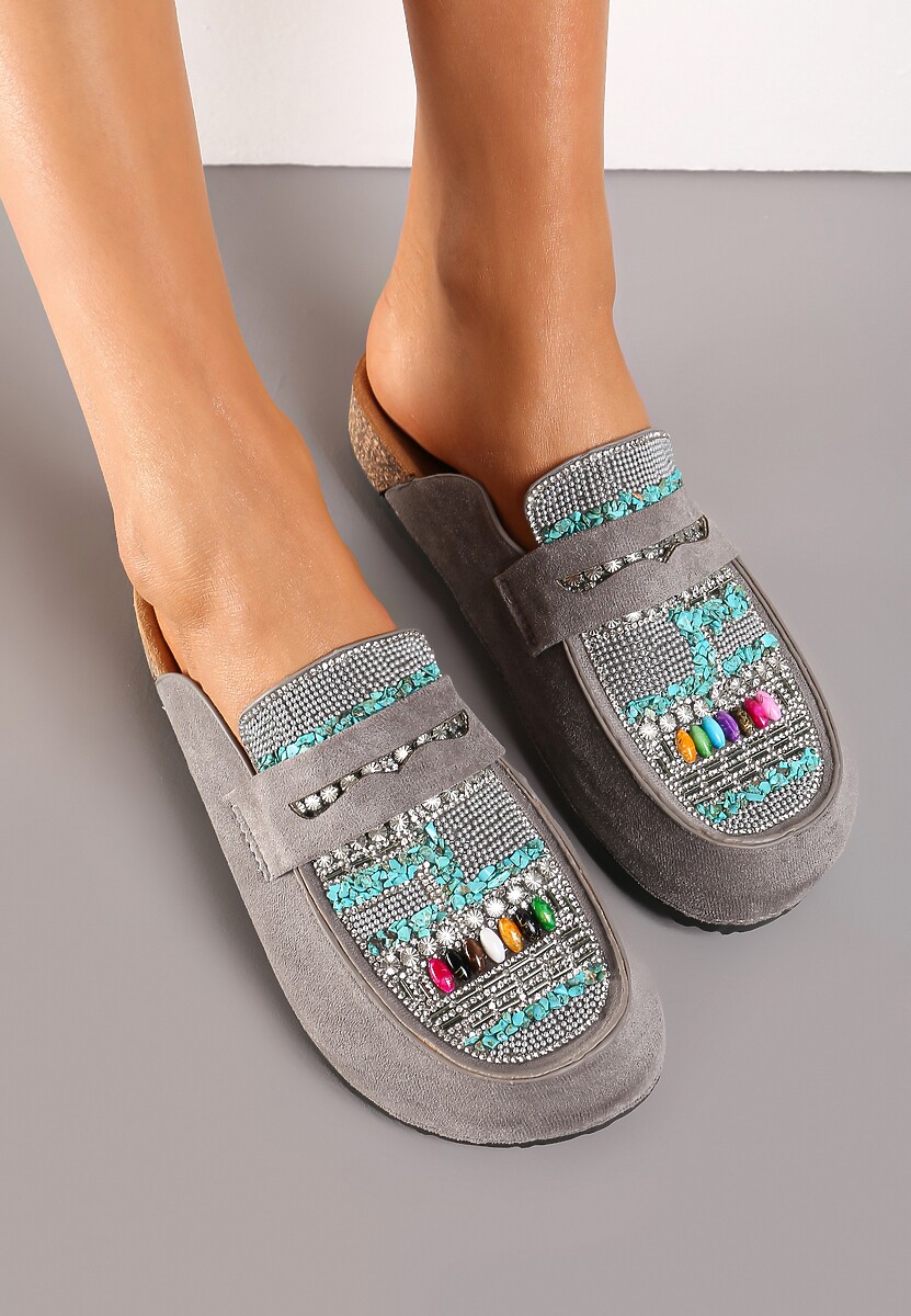Szare Klapki Mule z Koralikami na Zakrytym Nosku Aserhia