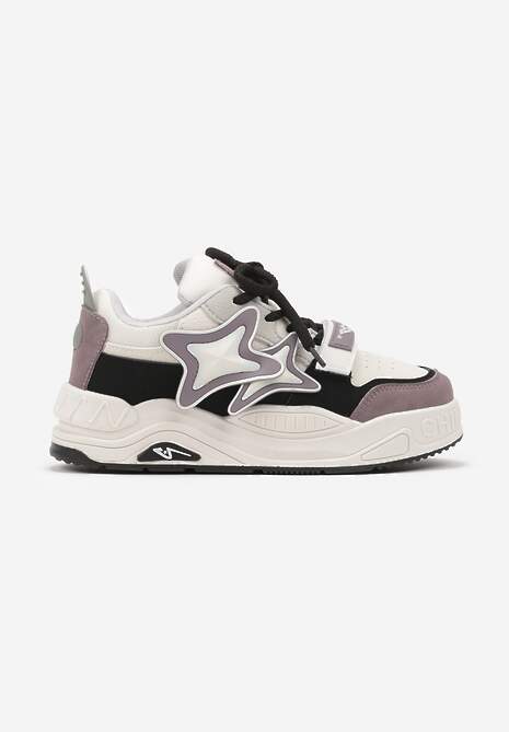 Beżowo-Fioletowe Sneakersy na Platformie z Grubymi Sznurowadłami i Zapięciem na Rzep Arlaia