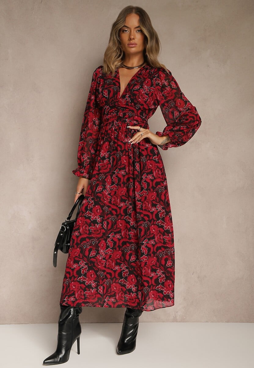 Bordowa Sukienka Maxi Rozkloszowana z Kopertowym Dekoltem Bramave