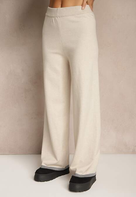 Jasnobeżowy Komplet Dzianinowy Sweter i Spodnie Wide Leg z Ozdobną Lamówką Ralenia