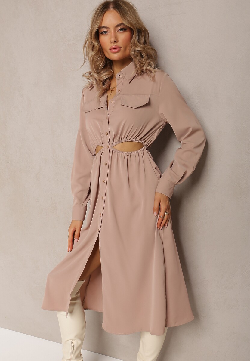 Beżowa Sukienka Koszulowa Pumpa