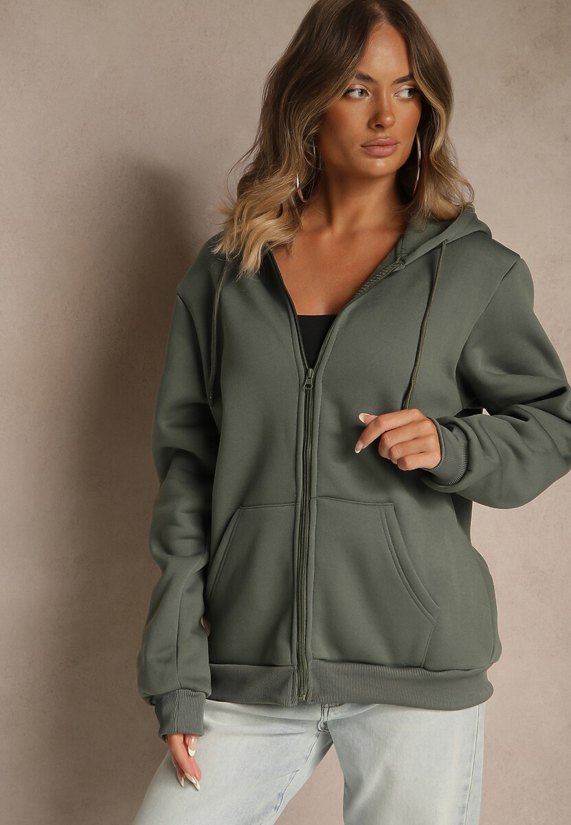 Zielona Bluza Rozpinana z Kapturem z Bawełną Ozdobiona Sznurkami Odiola