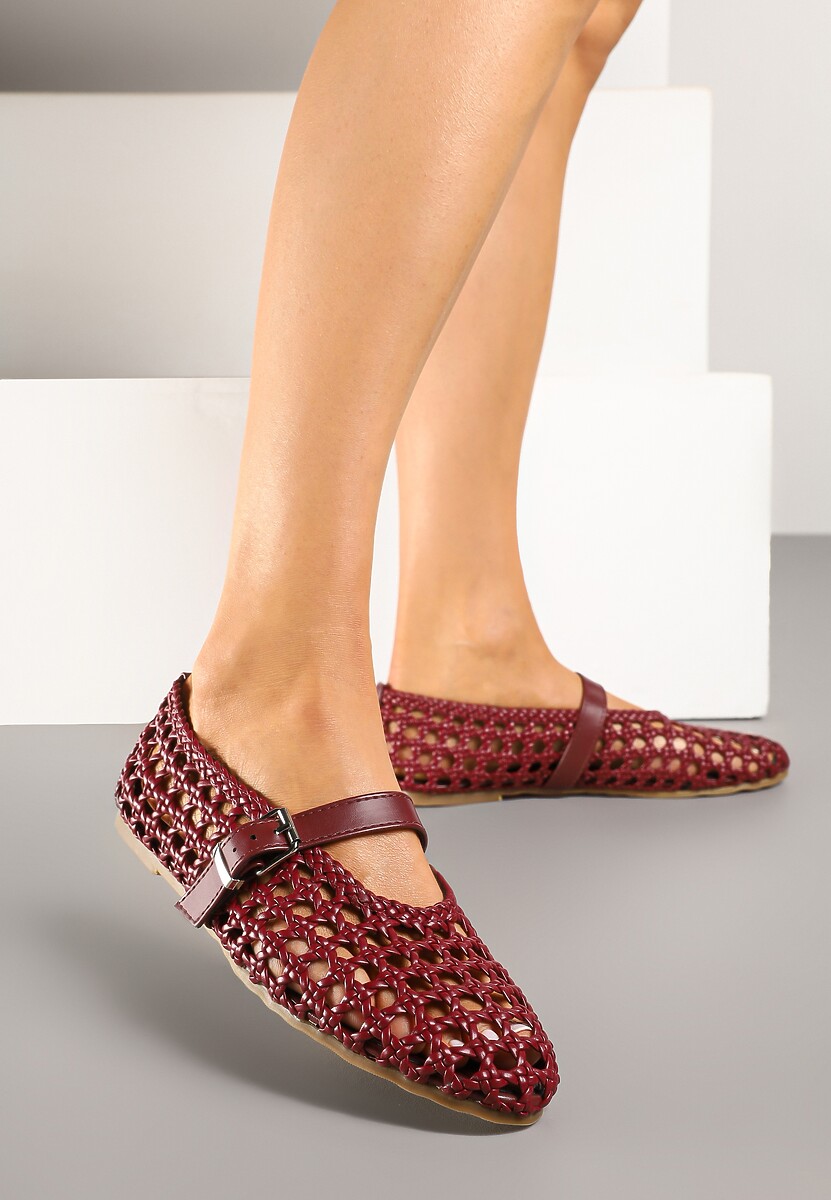 Bordowe Balerinki Ozdobione Paskiem i Plecionką Linalanna