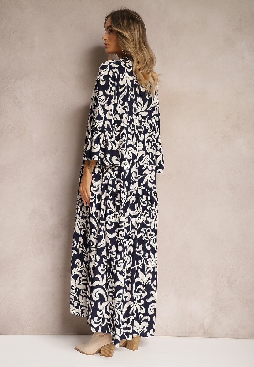 Granatowa Rozkloszowana Sukienka z Wiskozy w Ornamentalny Wzór Irlilena