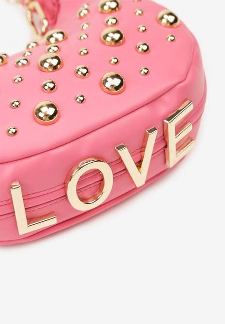 Fuksjowa Torebka Baguette z Napisem Love Łańcuszkiem i Wypukłymi Nitami Teresiel
