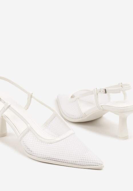 Białe Sandały na Obcasie Kaczuszka ze Sprzączką i Siateczką Falelitia