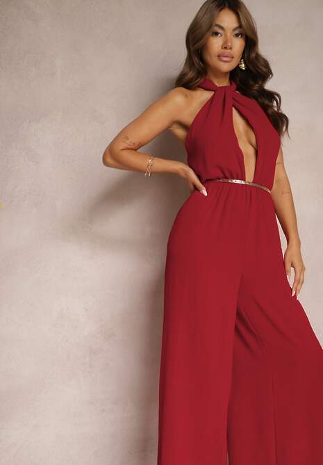 Bordowy Taliowany Kombinezon ze Ściągaczem w Talii i Wiązaniem przy Szyi Rivasiris