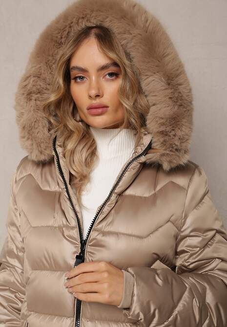 Beżowa Kurtka z Kieszeniami i Kapturem Ozdobionym Sztucznym Futerkiem Danann