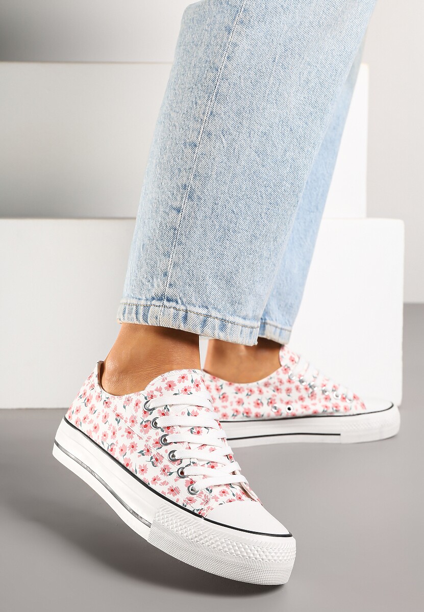 Różowe Casualowe Trampki w Kwiatki Foleriella