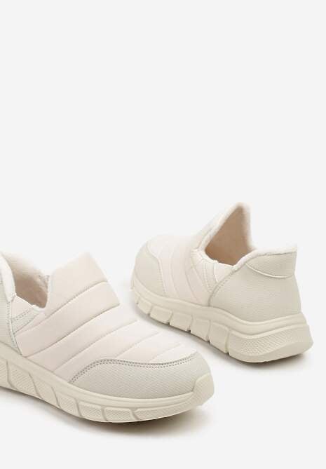 Beżowe Sneakersy Śniegowce na Platformie z Tłoczeniem i Pikowaną Cholewką Vermina