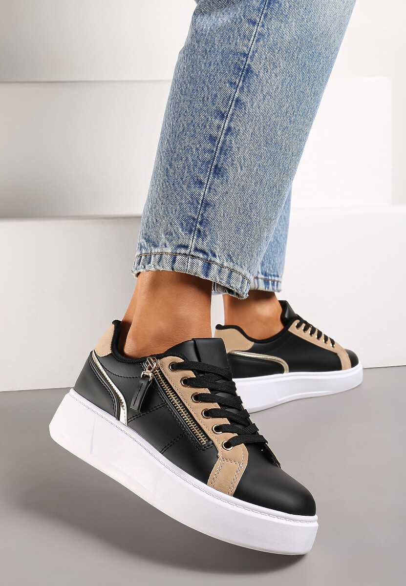 Czarne Sneakersy z Ozdobnym Suwakiem i Platformą Iolanna