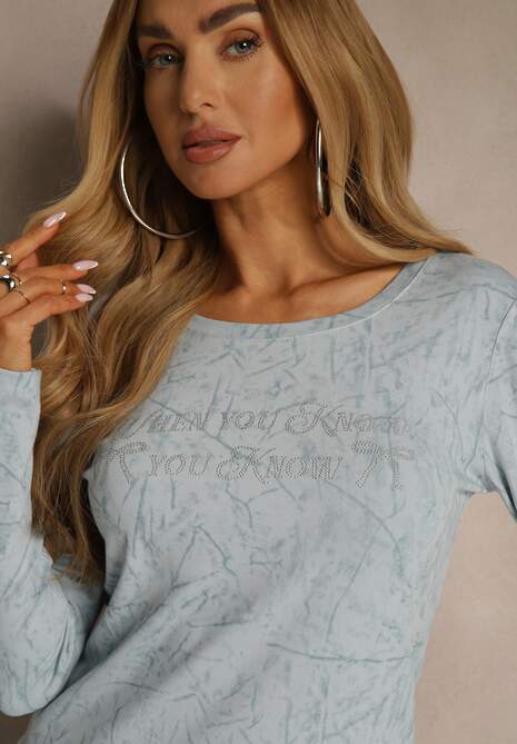 Niebieska Bluzka Longsleeve Ozdobiona Geometrycznym Motywem Uninessa