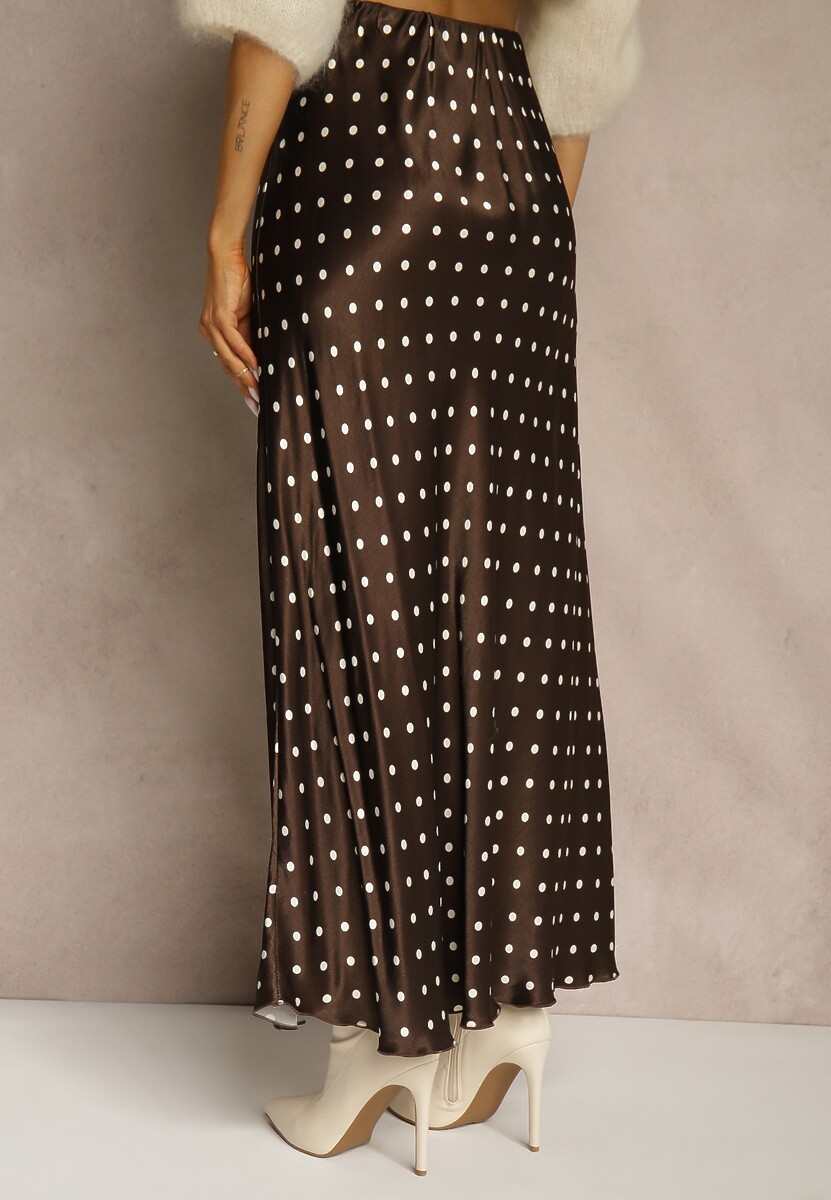 Brązowa Satynowa Spódnica z Wiskozy w Groszki o Rozkloszowanym Kroju Fediska