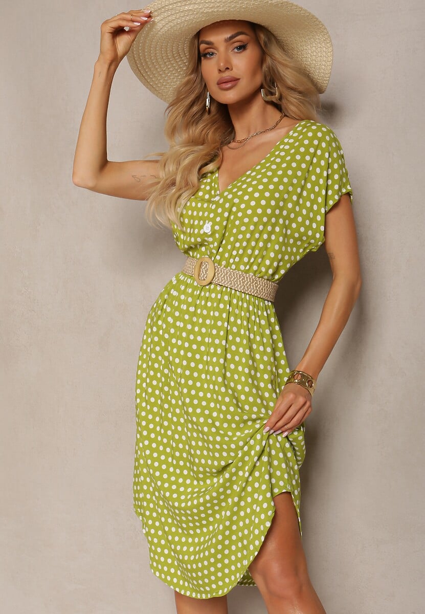 Jasnozielona Sukienka z Bawełny o Rozkloszowanym Kroju z Gumką w Talii Emilla