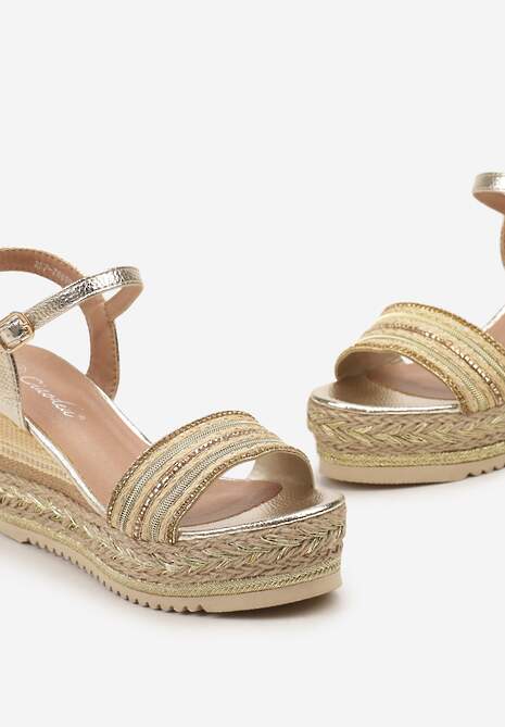 Złote Sandały na Koturnie i Platformie z Błyszczącą Plecionką z Cyrkoniami Kilimana