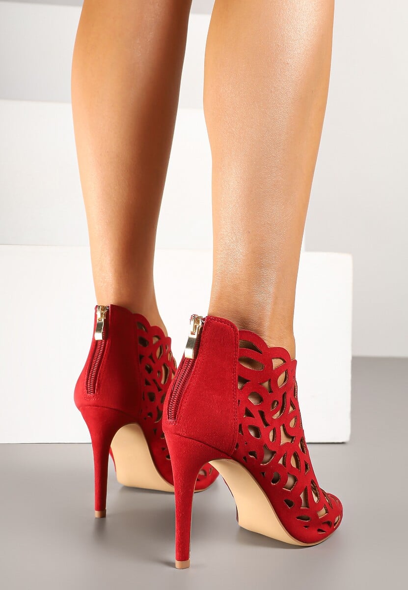 Czerwone Sandały Botki Vices na Szpilce z Ażurową Cholewką Natilora