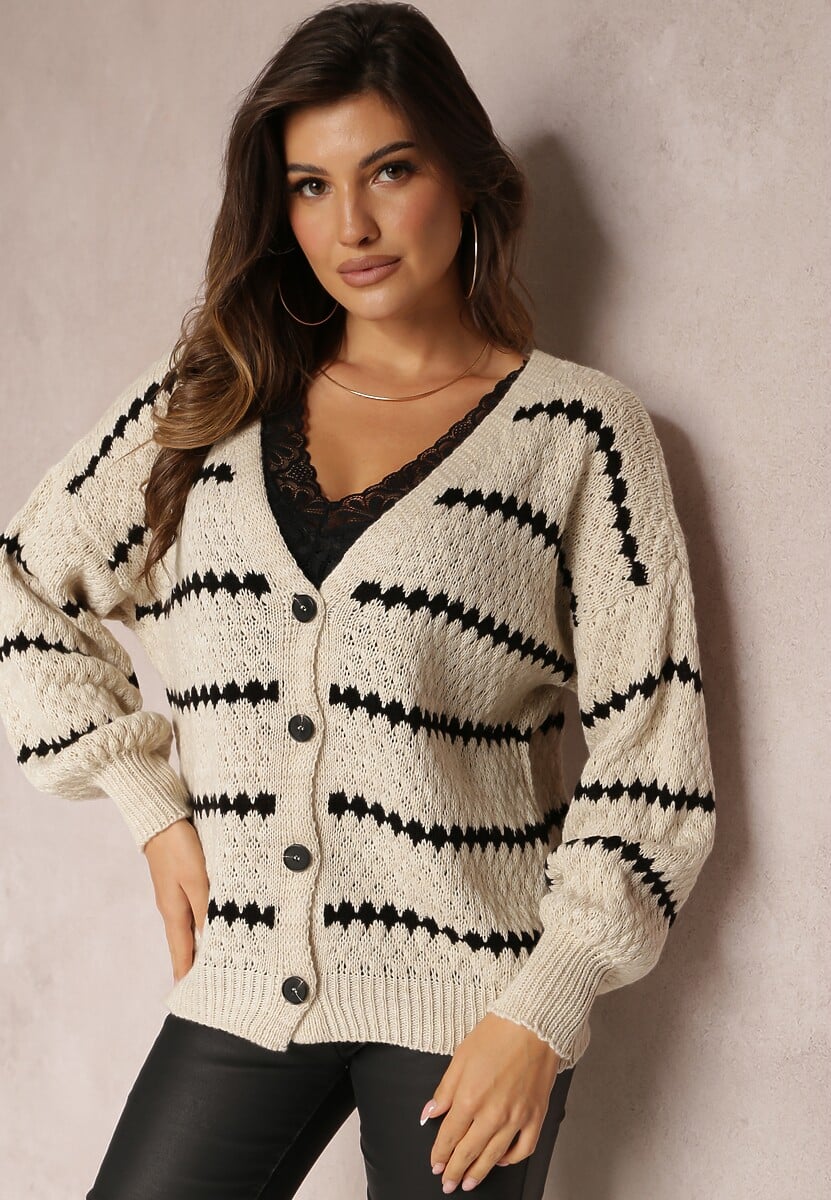 Jasnobeżowy Kardigan Zapinany w Paski Oullas