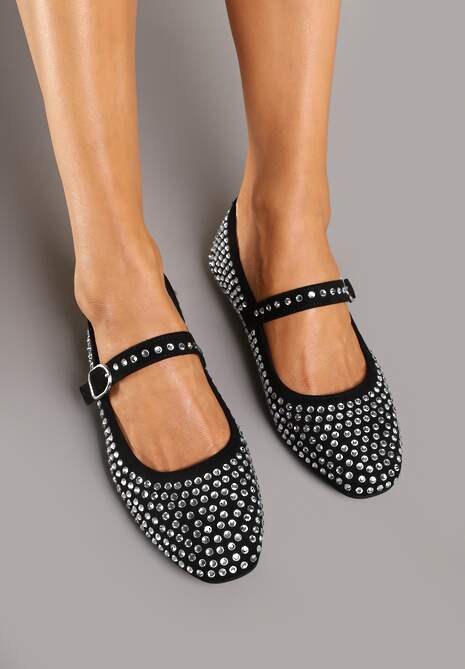 Czarne Balerinki na Płaskiej Podeszwie Mary Jane z Cyrkoniami Jomelia
