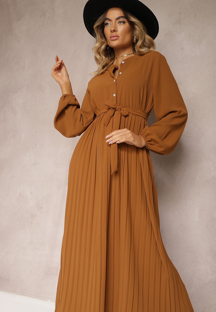 Brązowa Rozkloszowana Sukienka Maxi Plisowana Wiązana w Pasie Terilla