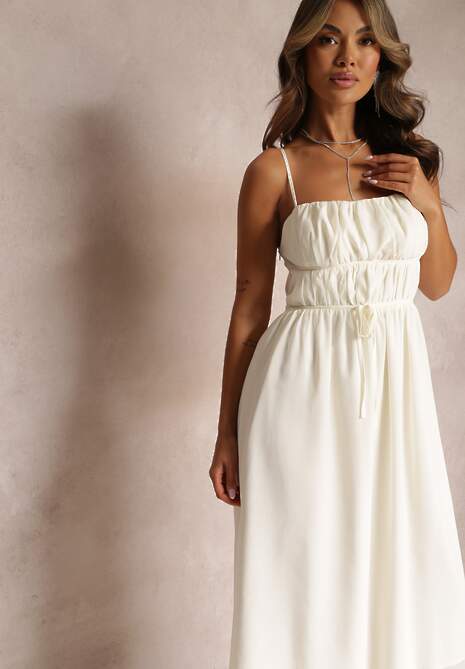 Beżowa Sukienka o Rozkloszowanym Kroju na Ramiączkach z Wiązaniem Lunarea