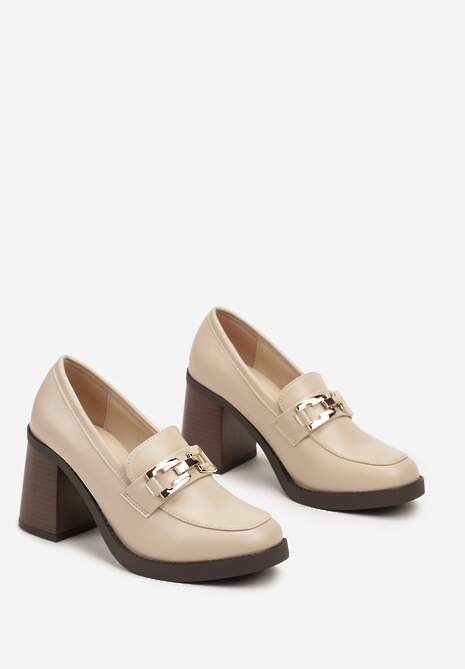 Beżowe Półbuty na Słupku z Klamrą Stylizowane na Mokasyny Gerisa